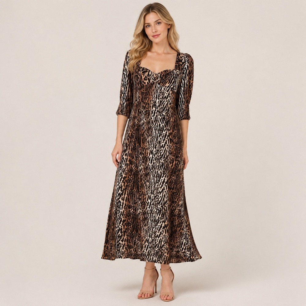 RIXO London Natural Karen Leopard Midi Dress Puff Sleeve NWOT Small US 6